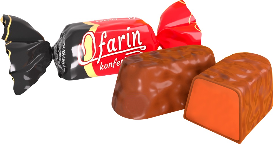 Snoepjes "Ofarin" in cacaoboter-glasuur 15%.