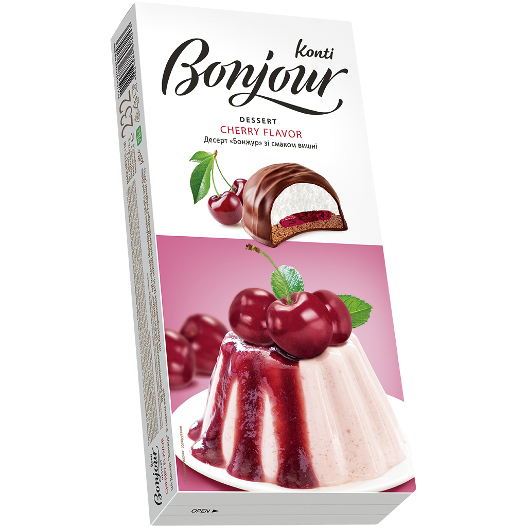 Schuimsuikergoed (25,5%) "Bonjour Konti" op luchtige zanddeegbodem (26,5%) en gelei met kersensmaak (21%), omhuld met cacaohoudende vetglazuur (27%).