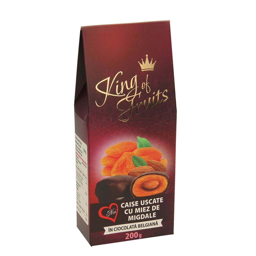 Gedroogde abrikozen met amandelen, omhuld door chocolade