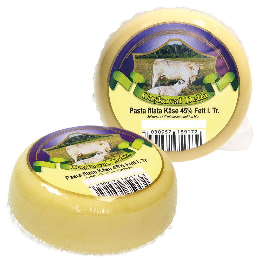 Pasta filata kaas "Cascaval Delia" 45% vet i.Tr. van gepaste