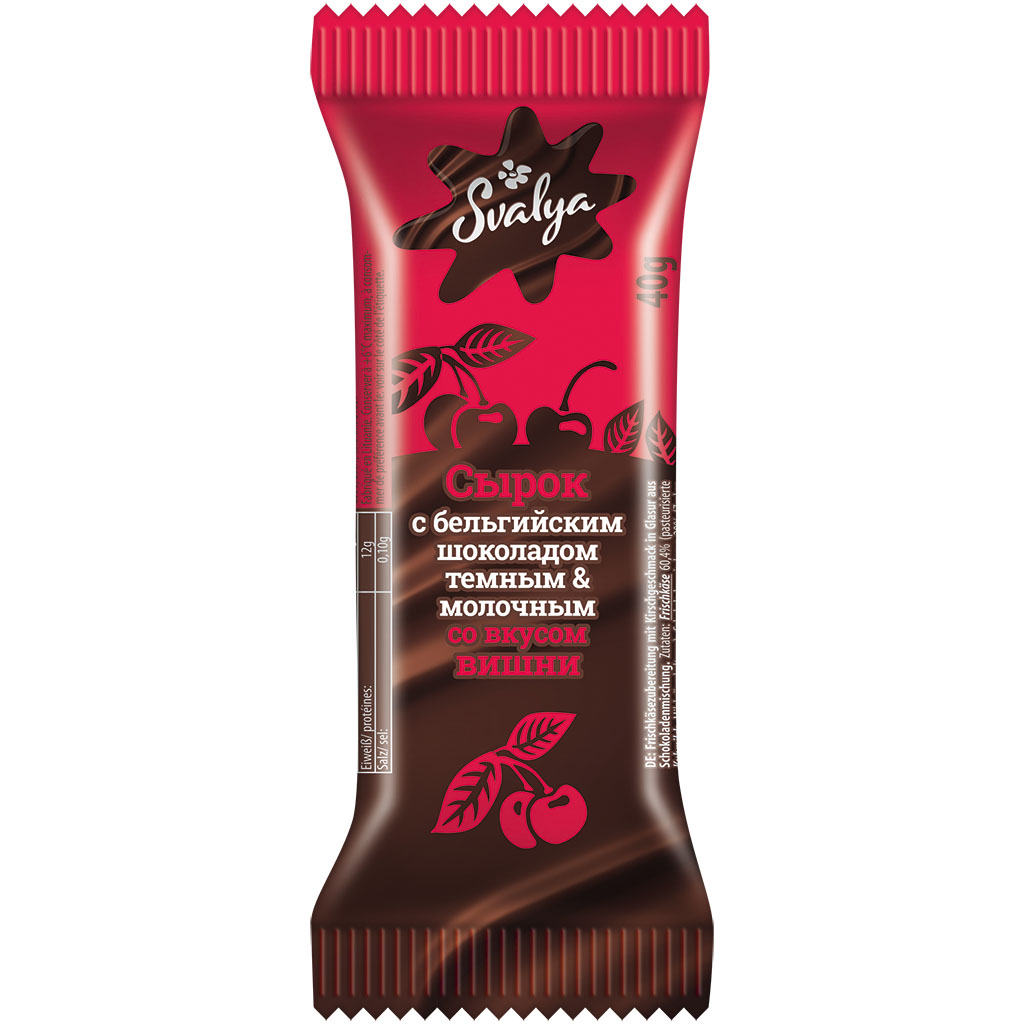 Frischkaasbereiding met kersensmaak omhuld met chocolade