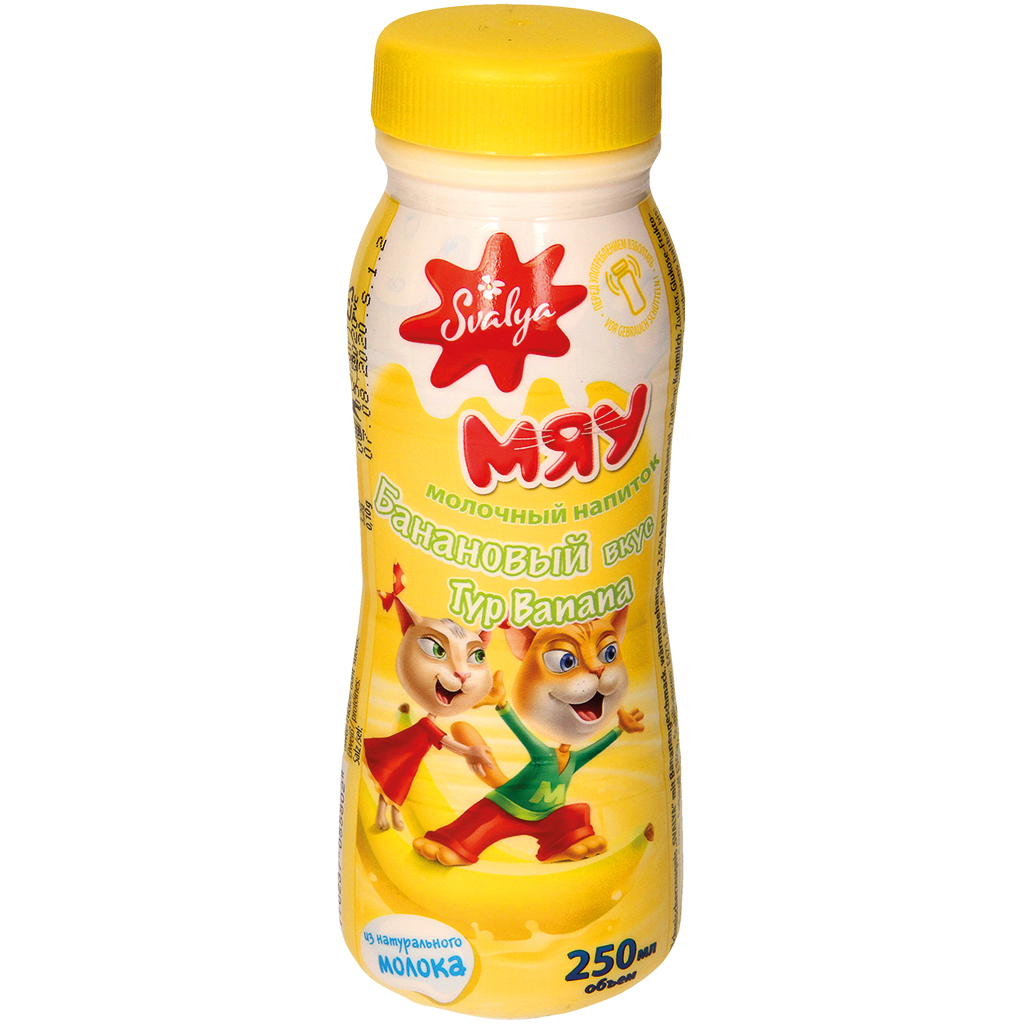 Melkproduct "Mjau" met bananensmaak, warmtebehandeld, 2,5% v