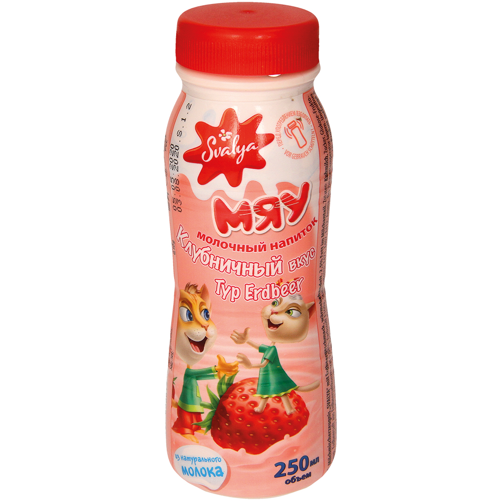 Melkproduct "Mjau" met aardbeismaak, warmtebehandeld, 2,5% v