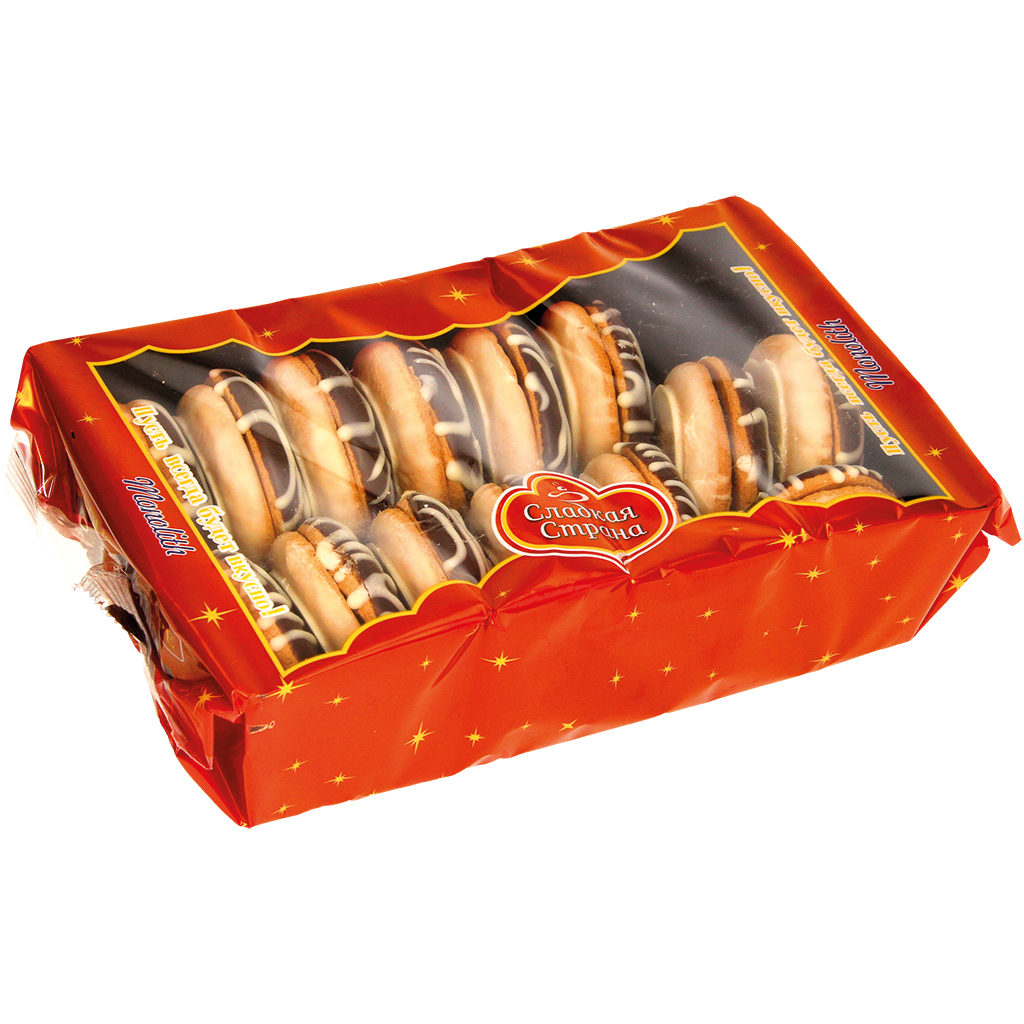 Dubbele koekjes "Grzybek decoratief" met fruitvulling met abrikozensmaak, versierd met melkhoudende suikerglazuur en cacaohoudende vetglazuur.