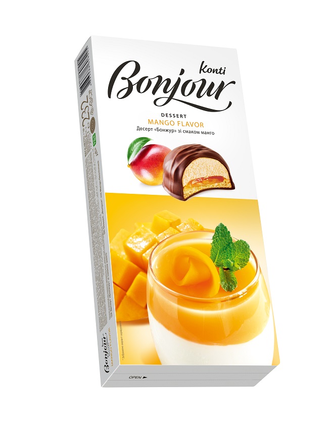Schuimsuikergoed (25,5%) met mangosmaak "Bonjour" op luchtige zanddeegbodem (26,5%) en gelei met mangosmaak (21%), omhuld met cacaohoudende vetglazuur (27%).