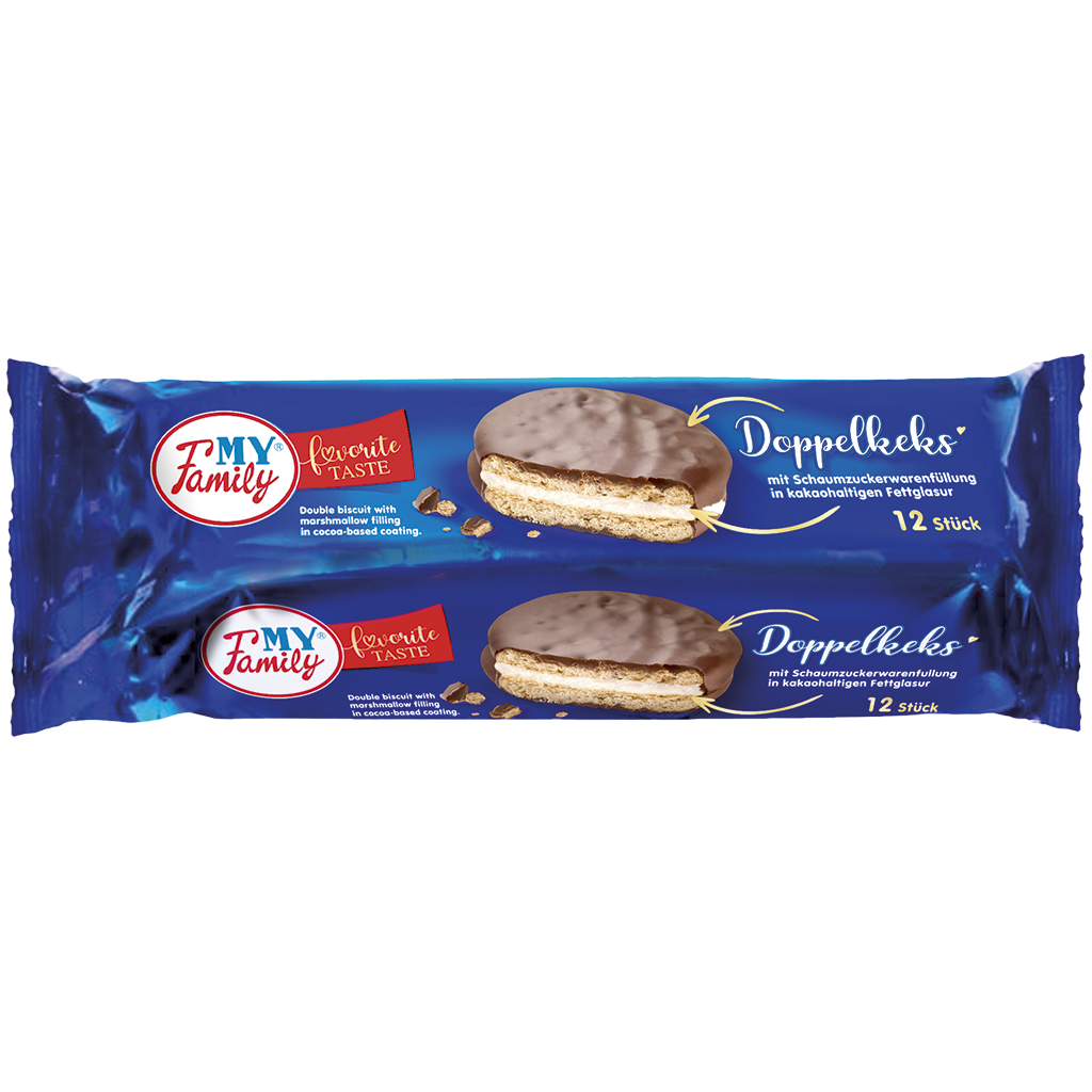 "MIJN FAMILIE" Doppelkeks met schuimzoetwarenvulling in cacaohoudende vetglazuur