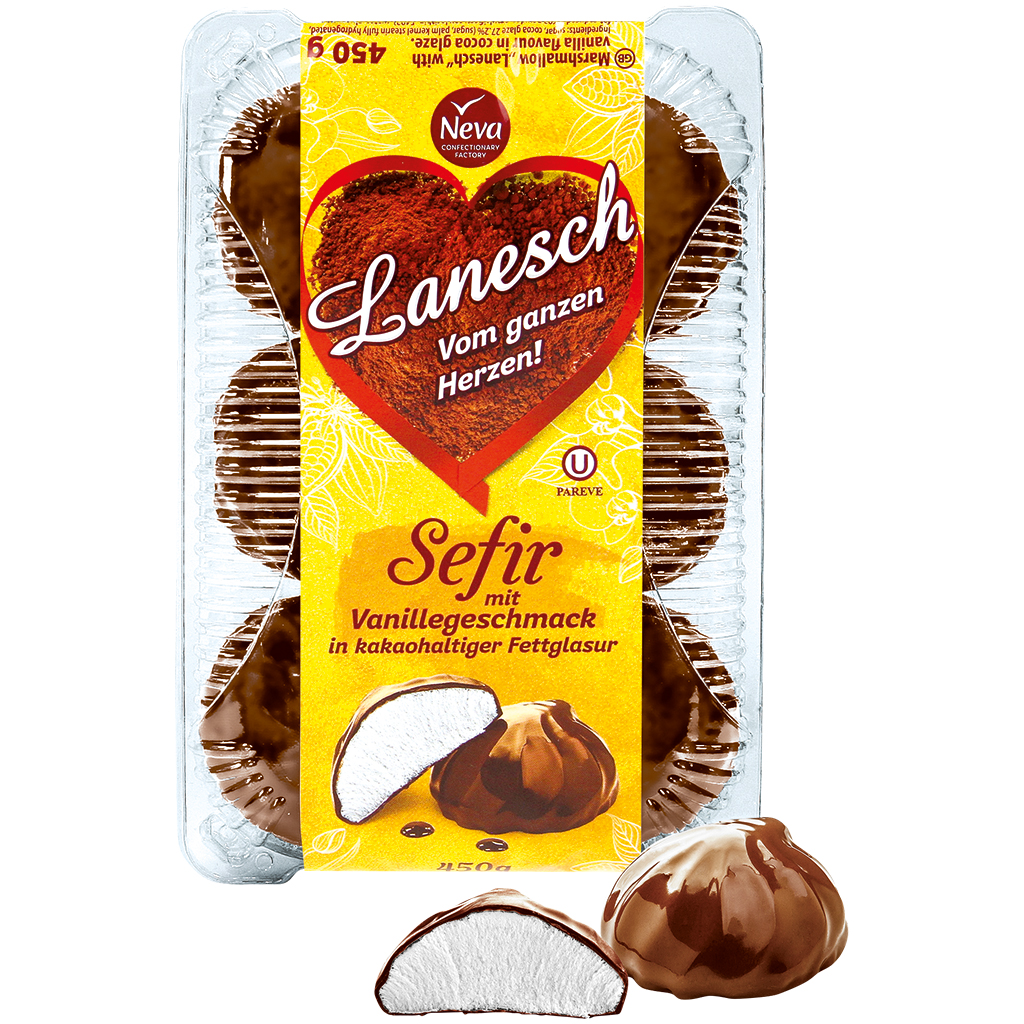 Schuimsuiker "Lanesch" met vanillesmaak omhuld met cacaohoudende vetglazuur