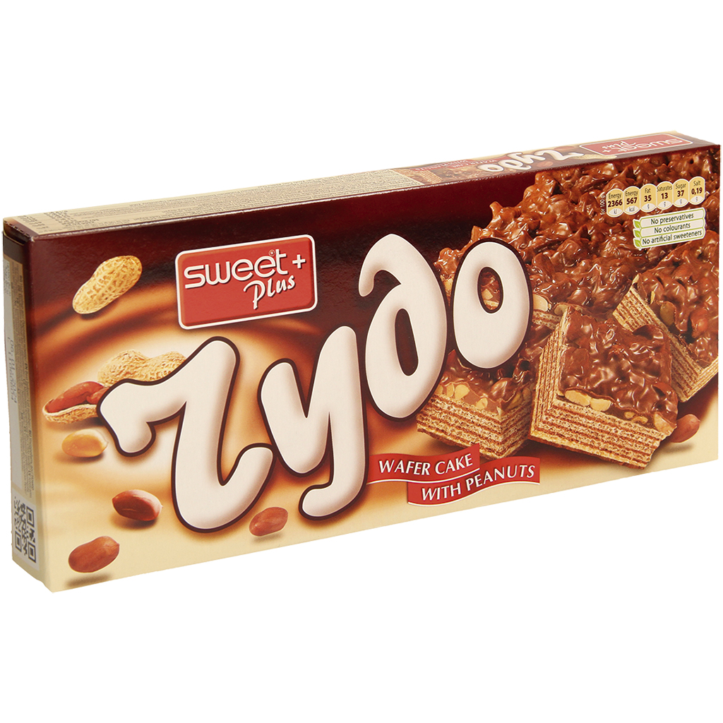 Wafeltaart met cacaocrème (45,3%) en gehakte pinda's (19%) in cacaohoudende vetglazuur (25%) "RYDO"