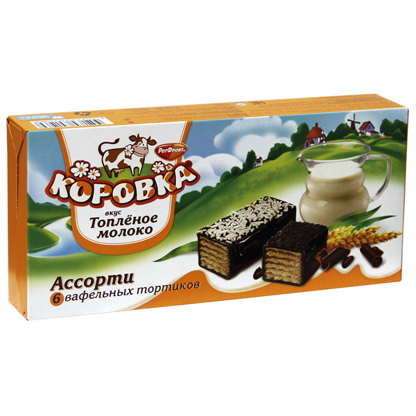 Törtjesmix van wafels (15,8%) en roomvulling (42,7%) met melk smaak in cacaohoudende vetglazuur, verschillend bestrooid.