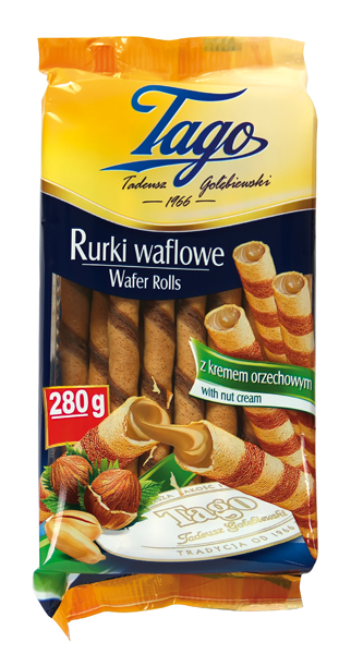 "Rurka Orzechowa" wafelrolletjes met cacao-pindacrème (64%)