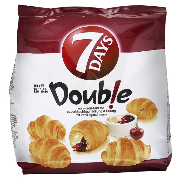 7DAYS Mini Croissants met een vulling (20%) met vanillesmaak en een vulling (13%) met zure kersensmaak