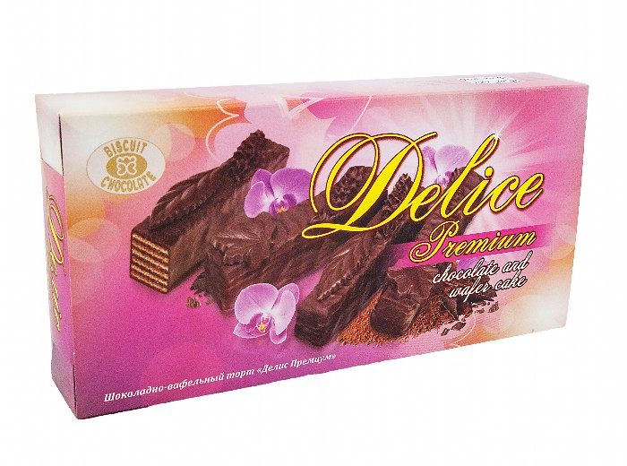 Wafeltörtjes "Delis Premium" in chocoladelaag (28%), versierd met chocolade (6,7%) in de vorm van esdoornbladeren