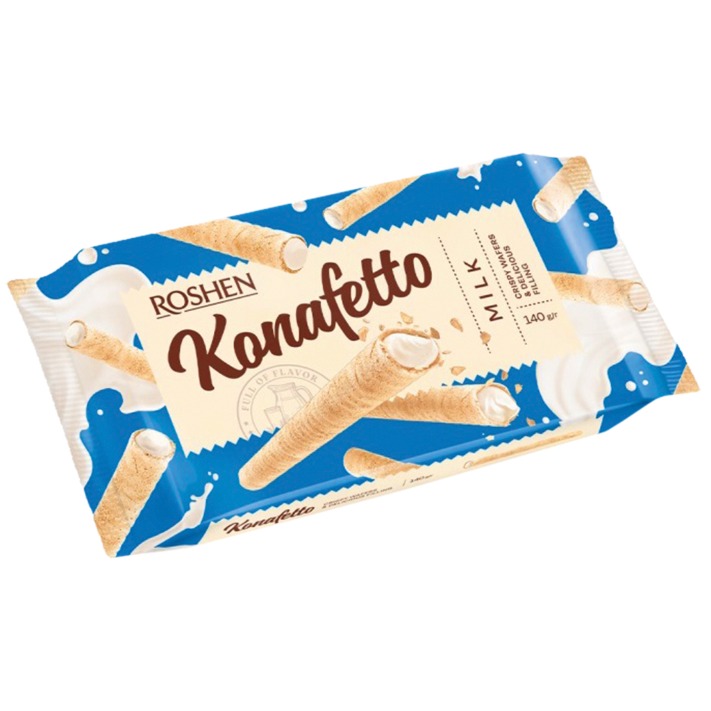 Wafelrolletjes "Konafetto" met een romige vulling met melk smaak (59%)