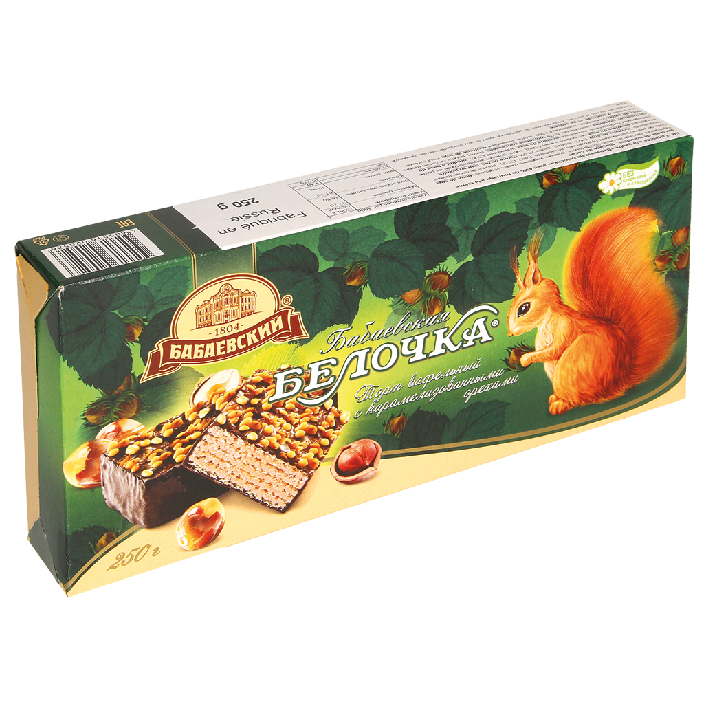 Taartjes van wafels (13,3%) en roomvulling (46,6%) met melkchocoladesmaak, bestrooid met gekonfijte hazelnoten, in cacaohoudende vetglazuur.