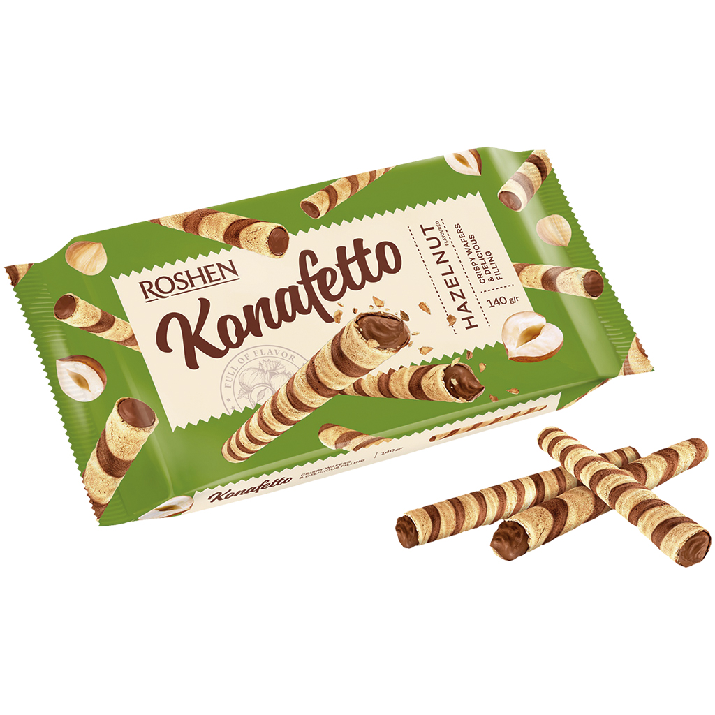 "Konafetto" Wafelrolletjes met een crèmevulling met hazelsmaak (59%)