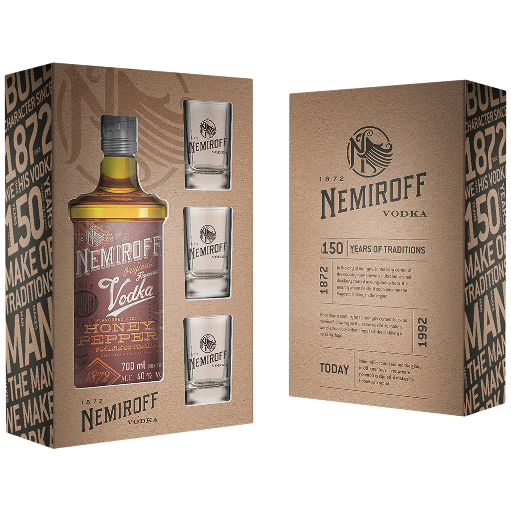 Aromatisierte Vodka "Nemiroff Honig-Peperoni" met kleurstof, souvenirdoos met 3 glazen, 40 % vol.