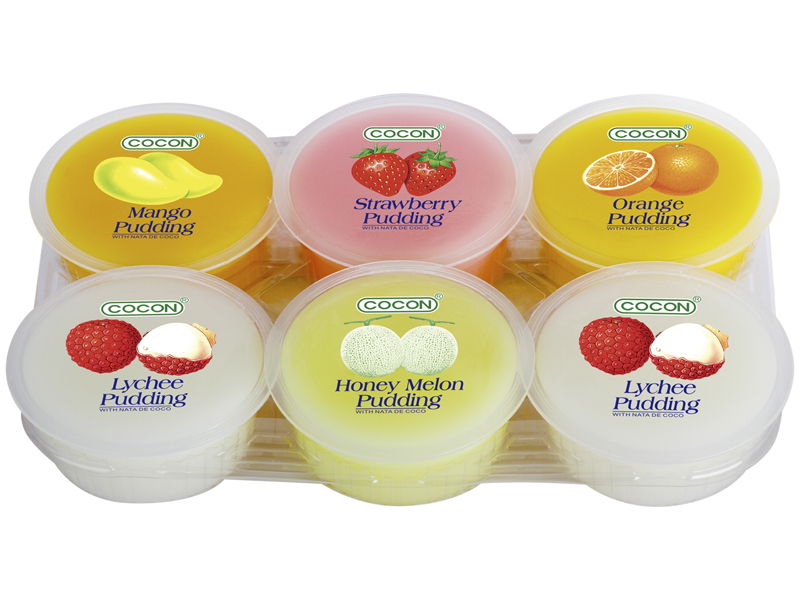 Dessert met kokosgel en fruitsmaak, verschillende soorten