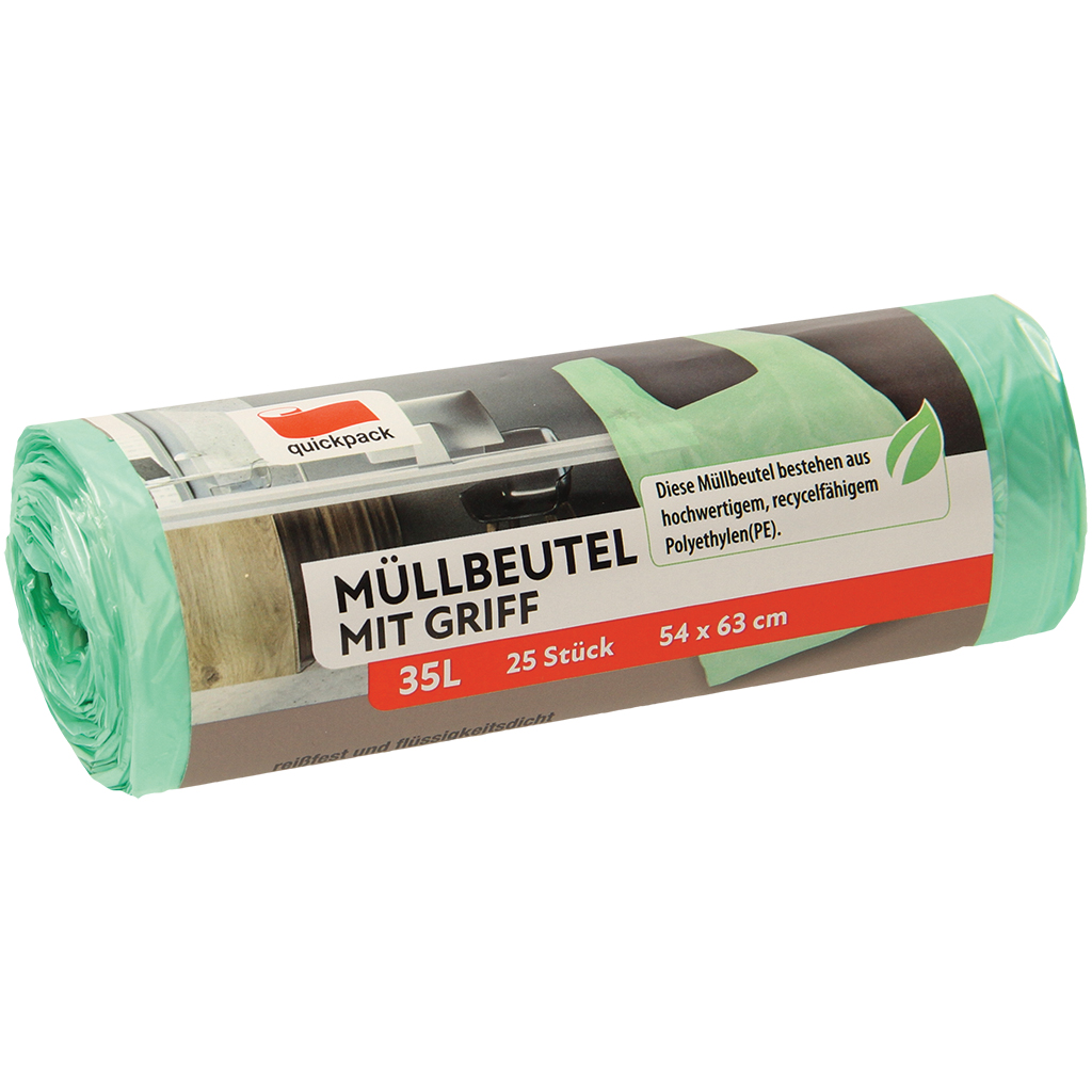 Мусорные пакеты с ручками 35 л, 25 шт, зеленые, 54x63см
