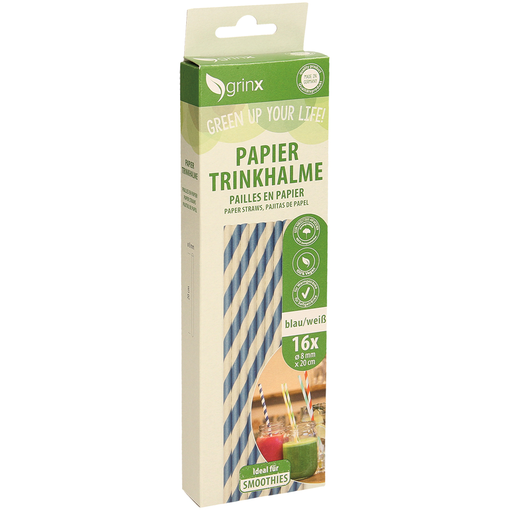 Papieren drinkrietjes, 16 stuks, blauw/wit, d=8mm, L=20cm