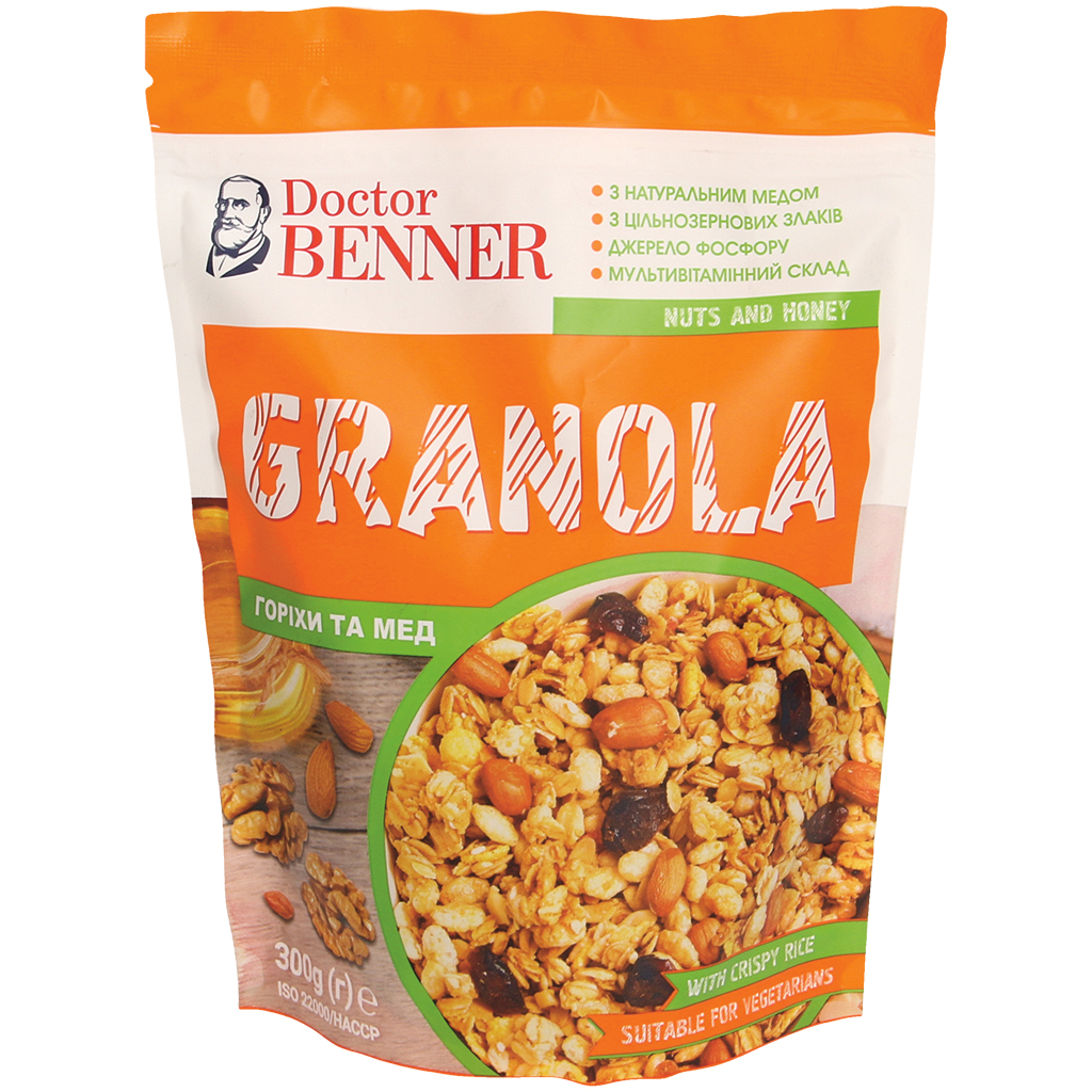 Knapperige havermoutontbijt met veenbessen, pinda's, walnote