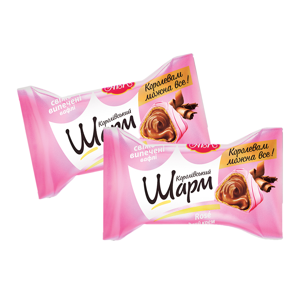 KOROLIVSKY SHARM - Gevulde wafelbonbons met chocoladesmaakvulling (56,5%) en omhuld met rosé - vetglazuur (36%)