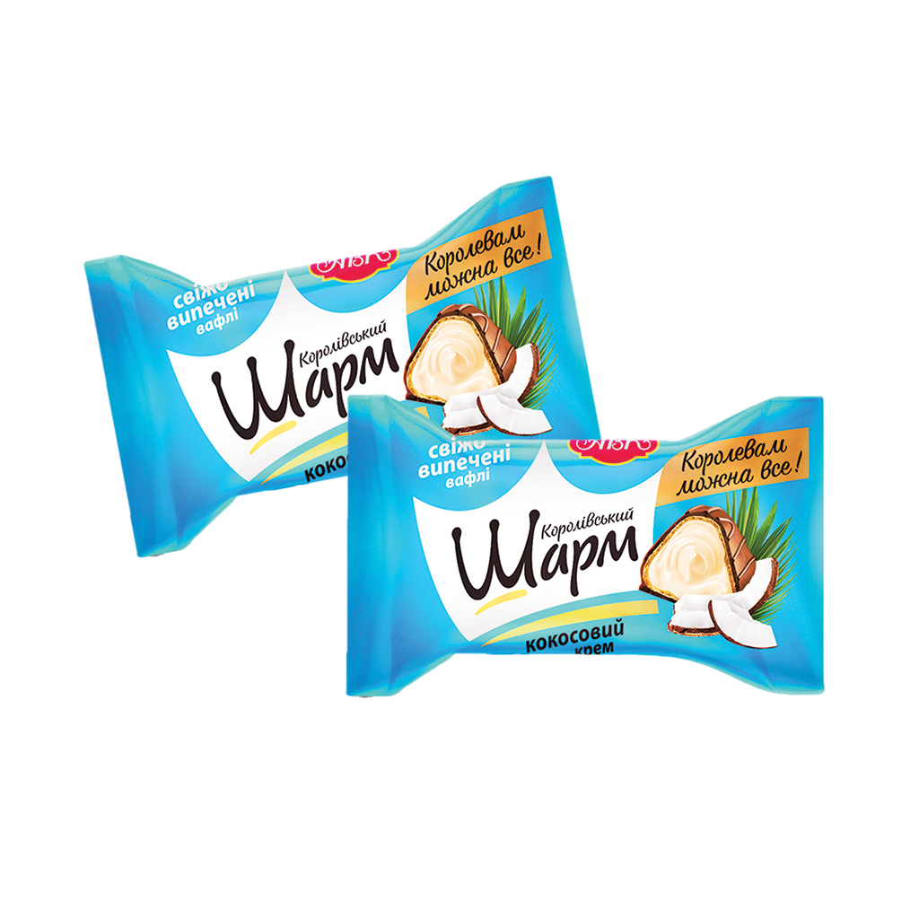 KOROLIVSKY SHARM - Gevulde wafelbonbons met kokosnootsmaakvulling (62,5%) en kokosrasp, omhuld met een chocoladeachtige vetglazuur (29,5%)