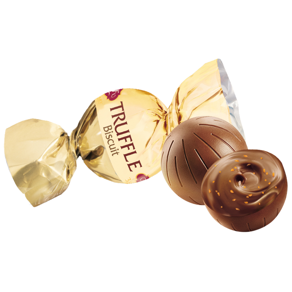 Konfekt "Truffelkoekje" met koekjesmaak in cacao-vetglazuur 33%