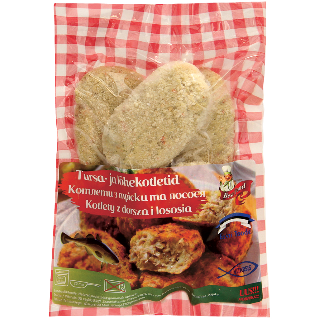 Рыбные котлеты с треской, лососем и беконом, в панировке, гл
