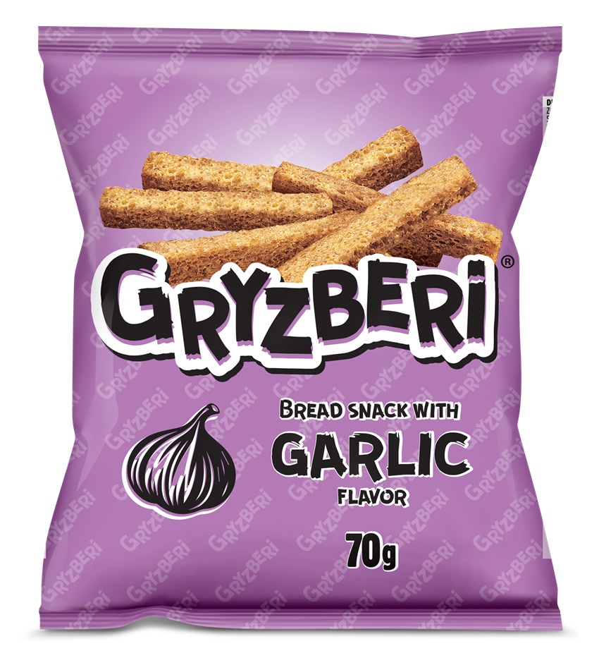 GRYZBERI Snack van geroosterd tarwebrood met knoflooksmaak