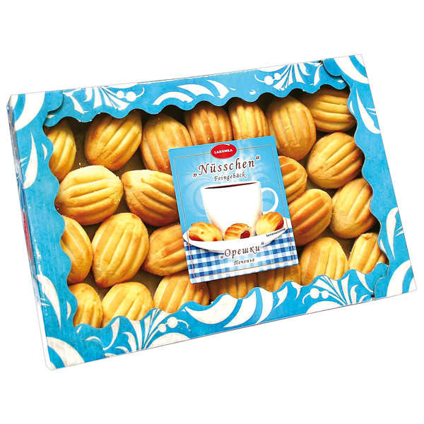 Fijngebak "Nüsschen" gevuld met een melange van gezoete gecondenseerde magere melk met plantaardige vetten.