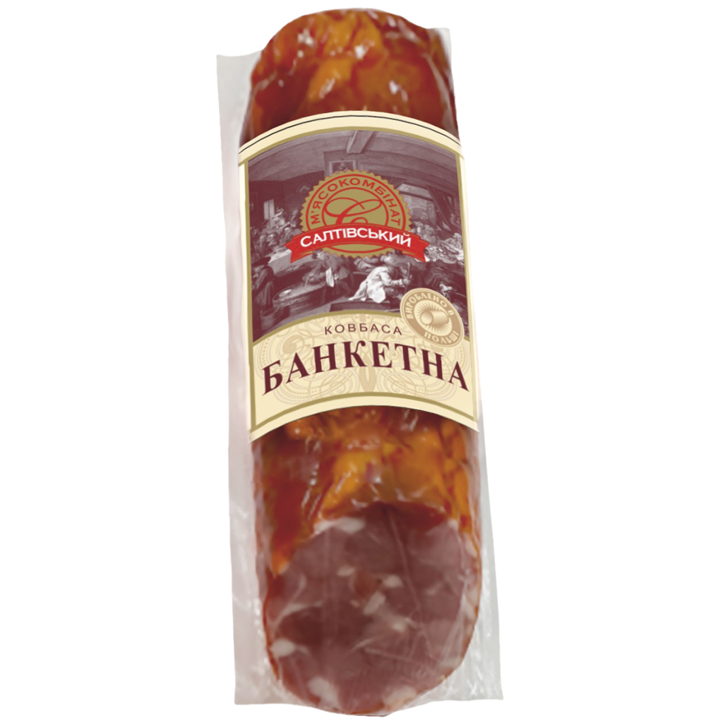 Grobe Brühworst "Banketna" van Oekraïense stijl, met salami- en baconaroma, gerookt.