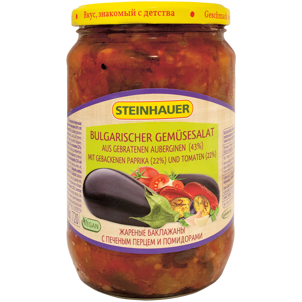 Bulgarische groentesalade van gebakken aubergines (43%) met gebakken paprika's (22%) en tomaten (22%)