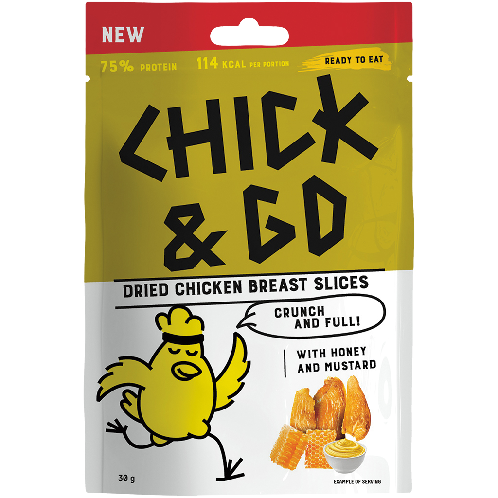 "CHICK & GO" Gedroogde kipfiletschijfjes met mosterd-honing smaak. Met suiker en zoetstoffen.