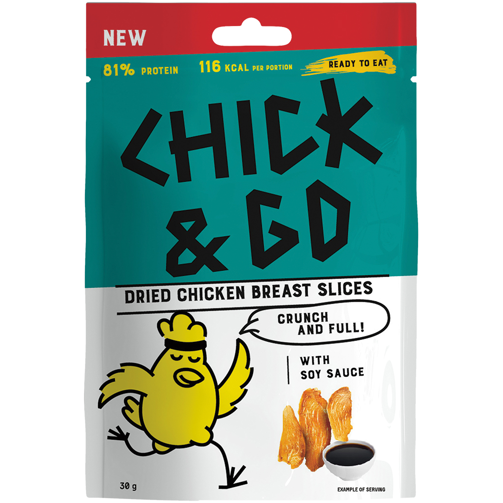 "CHICK & GO" Gedroogde kipfiletschijfjes met sojasaus. Met suiker en zoetstoffen.