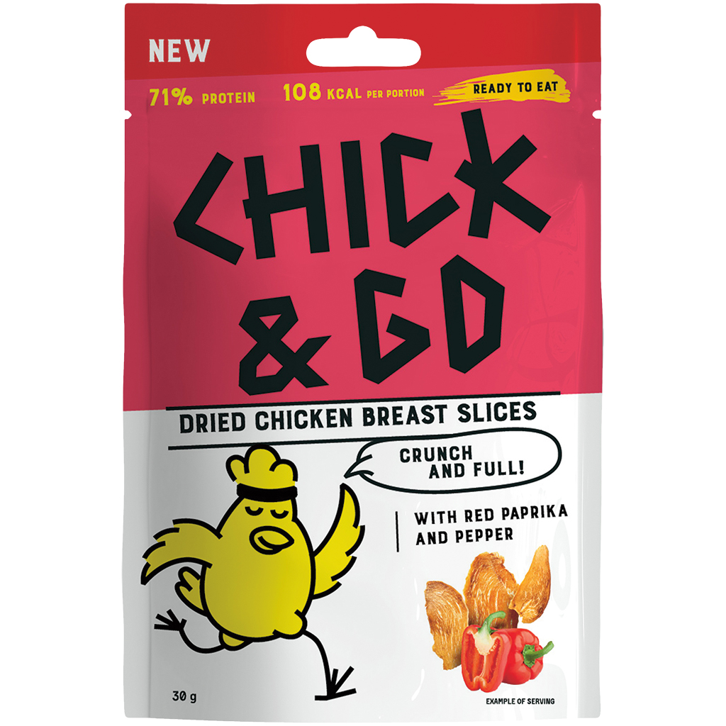 "CHICK & GO" Gedroogde kipfiletschijfjes met paprika (0,01%) en peper (0,001%).