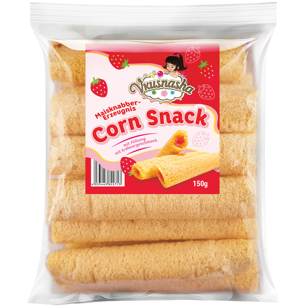 VKUSNASHA Maïsnibbelproduct met vulling van aardbeiensmaak