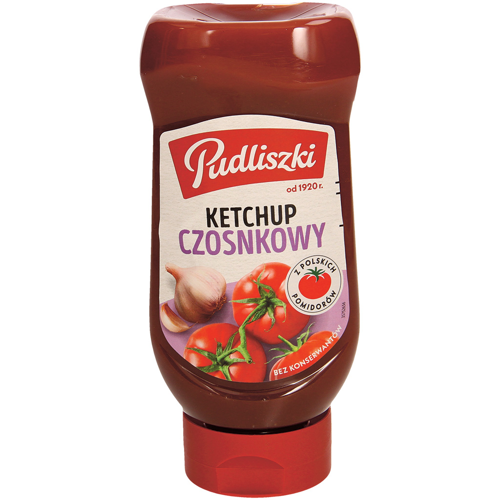Tomatenketchup met knoflook. Gepasteuriseerd product.