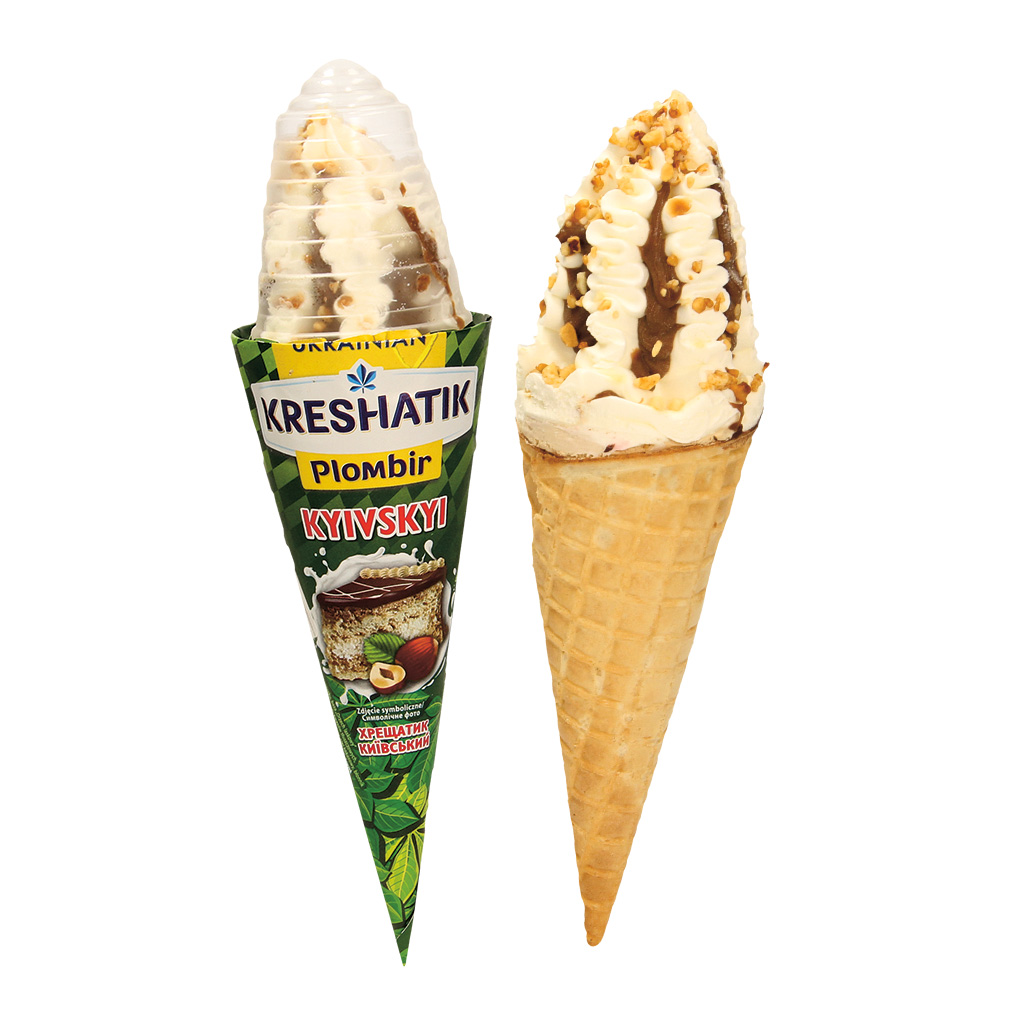 "KRESHATIK KYIVSKYI" IJs met vanille- en hazelsmaak, hazel- en pinda-vulling 11,4% en gekarameliseerde hazelnoten 3,6%, in cacao-houdend