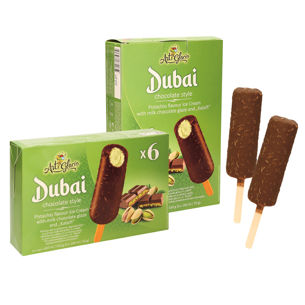 "Dubai stijl" Pistache-ijs met "Kataifi" knapperige deegdraden in cacao-houdende vetglazuur, aan een stokje