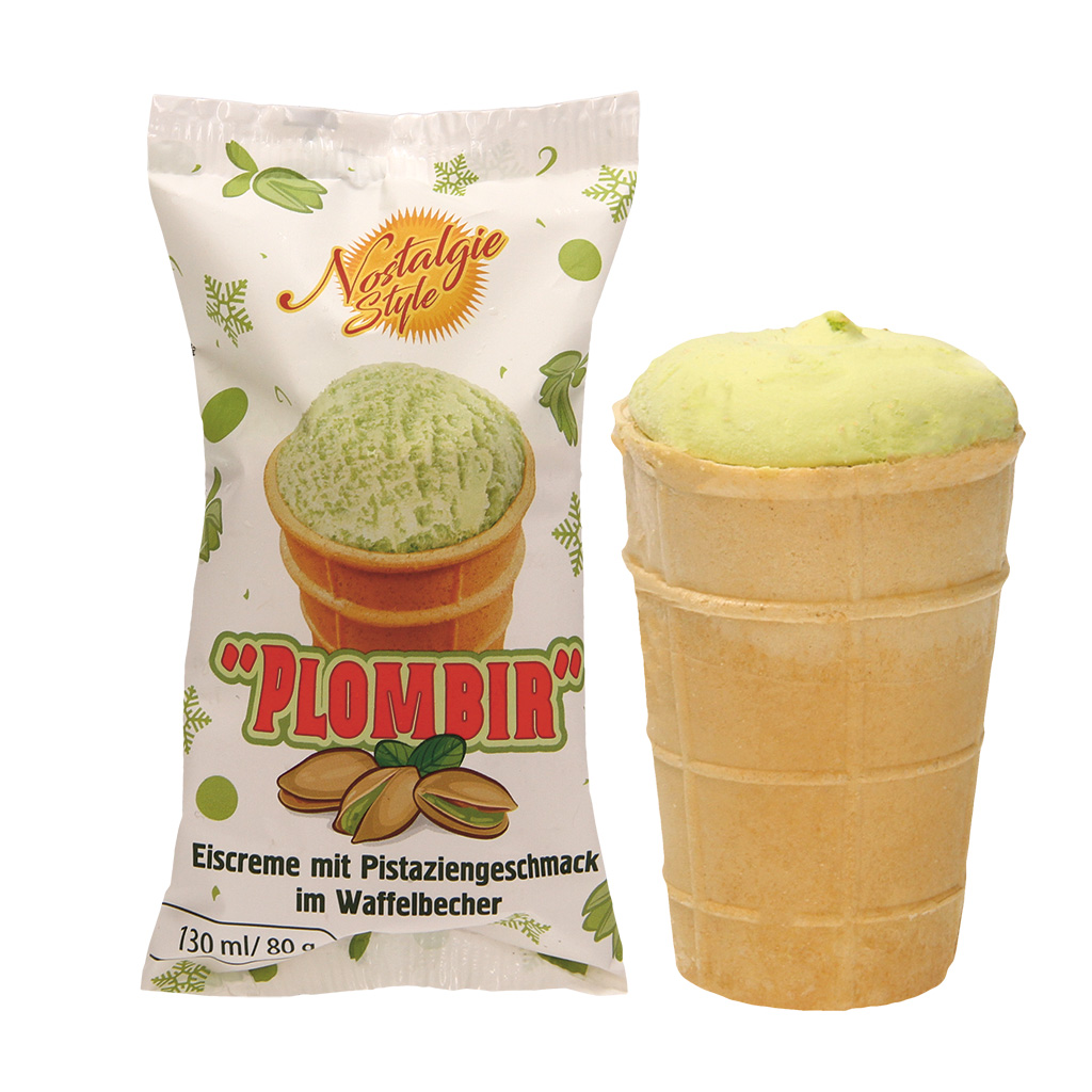 "PLOMBIR" IJs met pistachesmaak, in een wafelbekertje