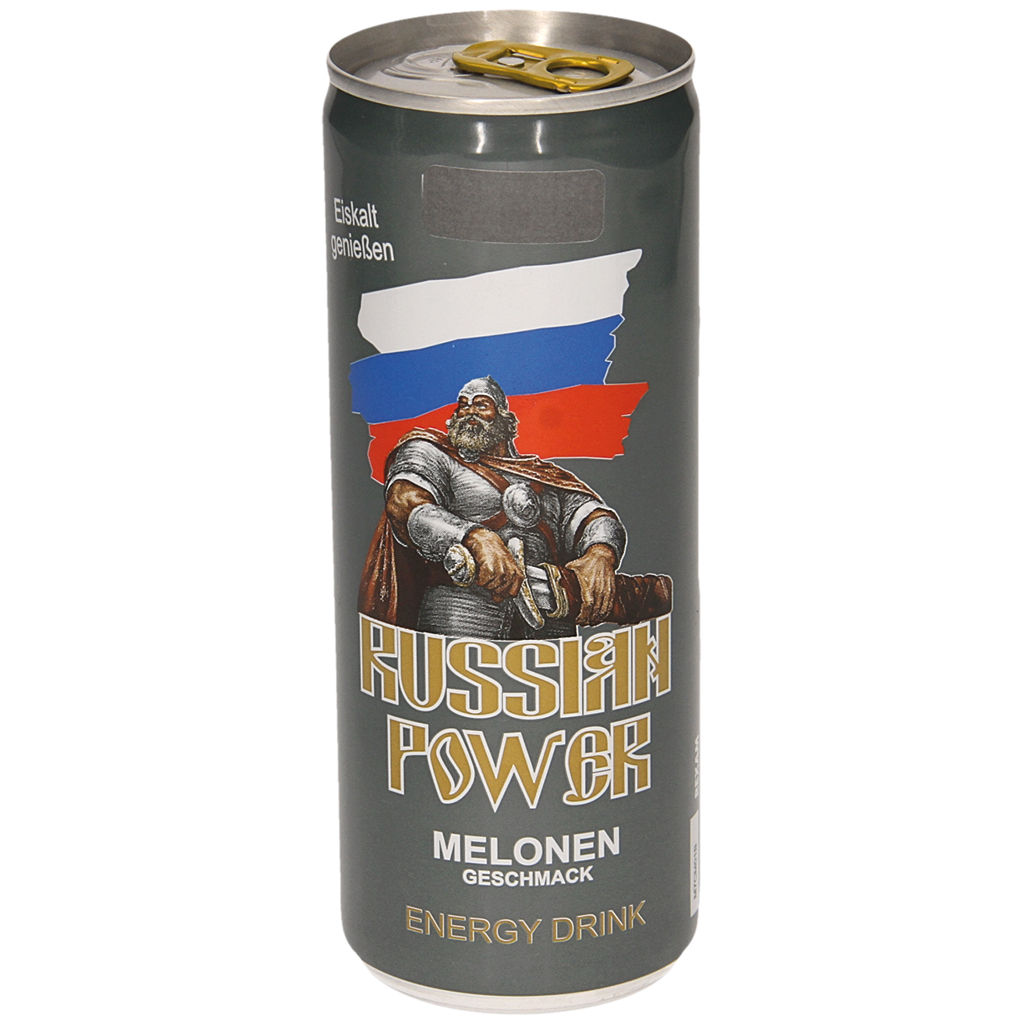 "RUSSISCHE KRAFT" Koffeinhoudende verfrissende drank met cantaloupe-meloensmaak. Verhoogd cafeïnegehalte.