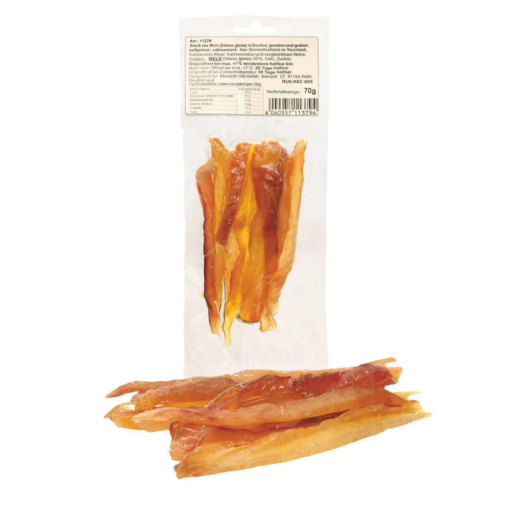 Закуска из сома (Silurus glanis) в полосках, соленая и сушен