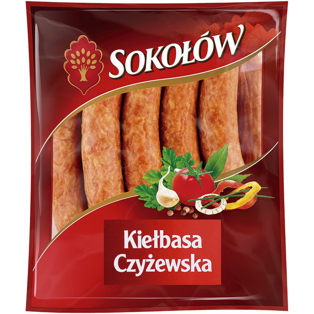 "Kielbasa Czyzewska" Varkensworstjes met kippenvlees, middelgrof gehakt, geblancheerd en gerookt. Met toevoeging van water en soja-eiwit.
