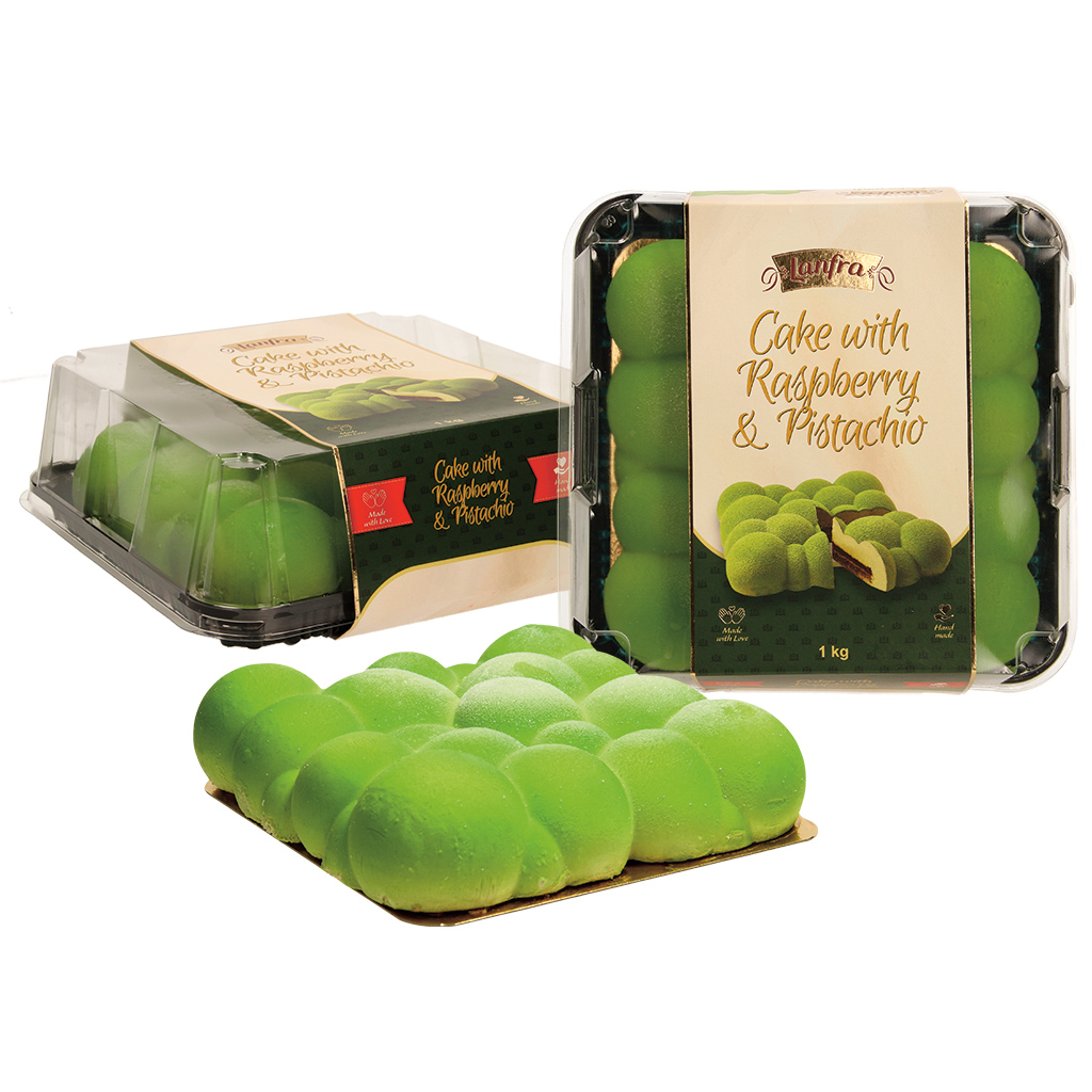 "Торт с малиной и фисташками" с 63,4% крема с белым шоколадо