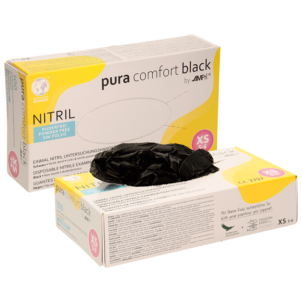 Перчатки нитриловые, неопудренные, черные, размер XS, длина