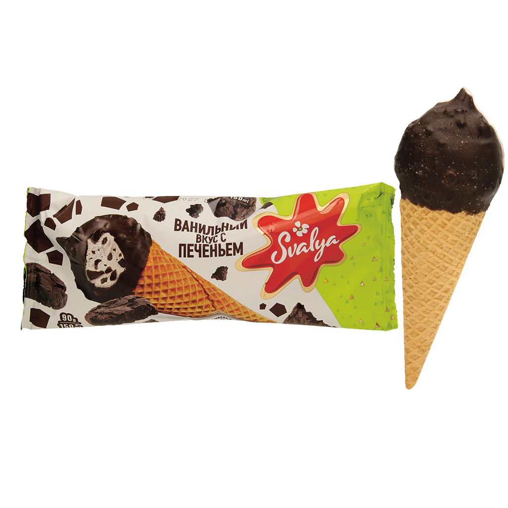 IJs met vanillesmaak met cacao-houdende koekjesstukjes in een wafelhoorn met 4,6% cacao-houdende vetglazuur, bedekt met 7,6% cacao-houdende vetglazuur met cacao-houdende koekjesstukjes.