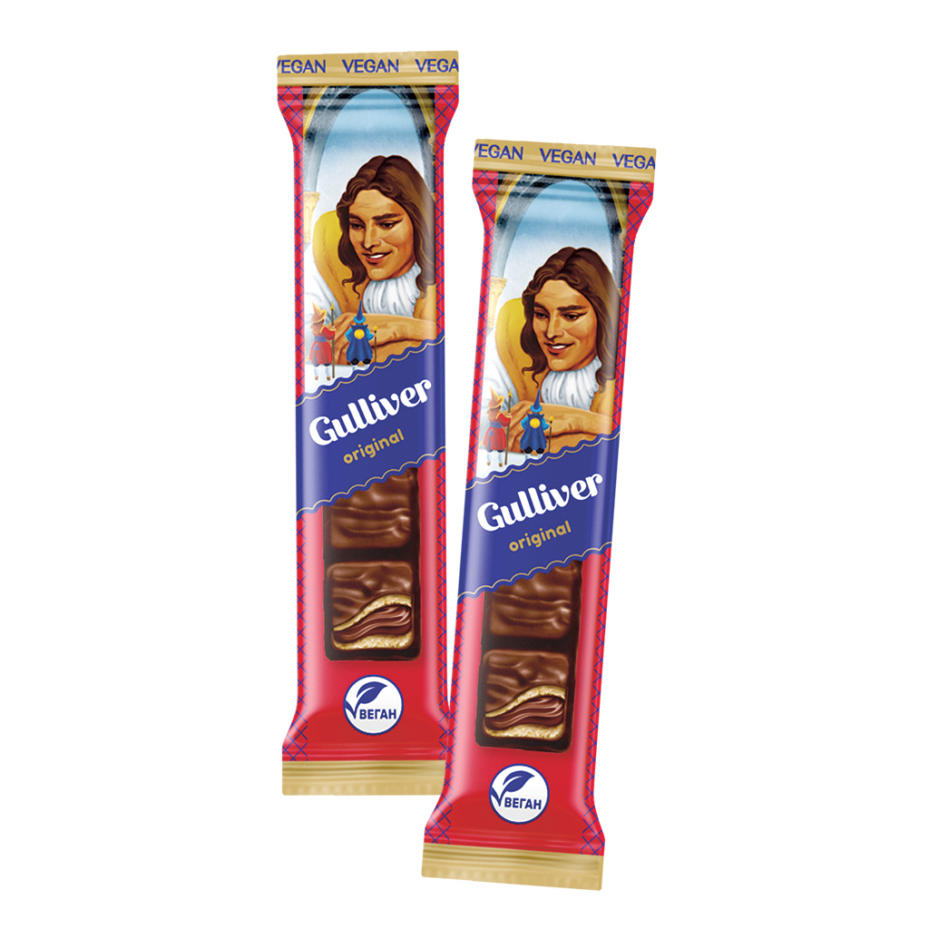 Wafelreep "Gulliver" Original met crèmevulling 57% in cacao-vetglazuur 34%