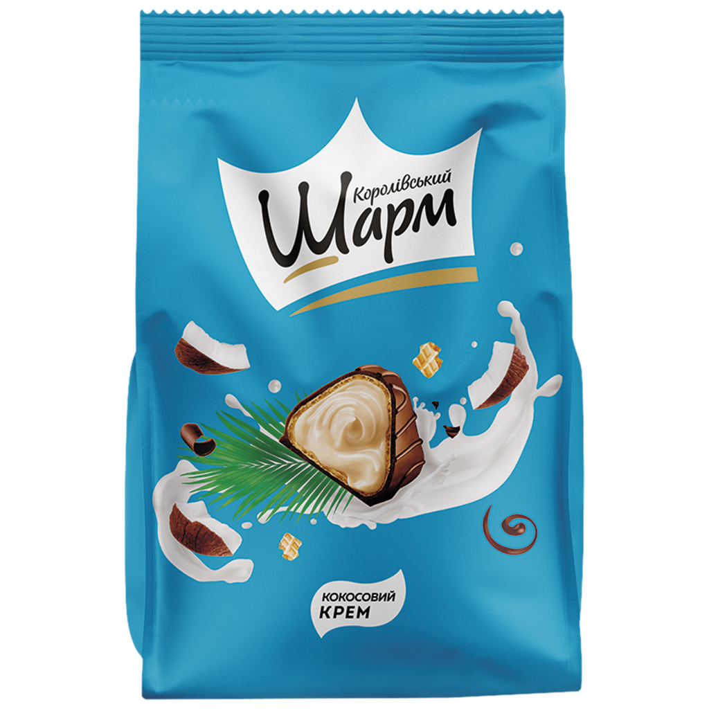 "Korolivsky Sharm" Gevulde wafelbonbons met kokosnootsmaakvulling (62,5%) en kokosrasp, omhuld met een chocoladeachtige vetglazuur (29,5%)