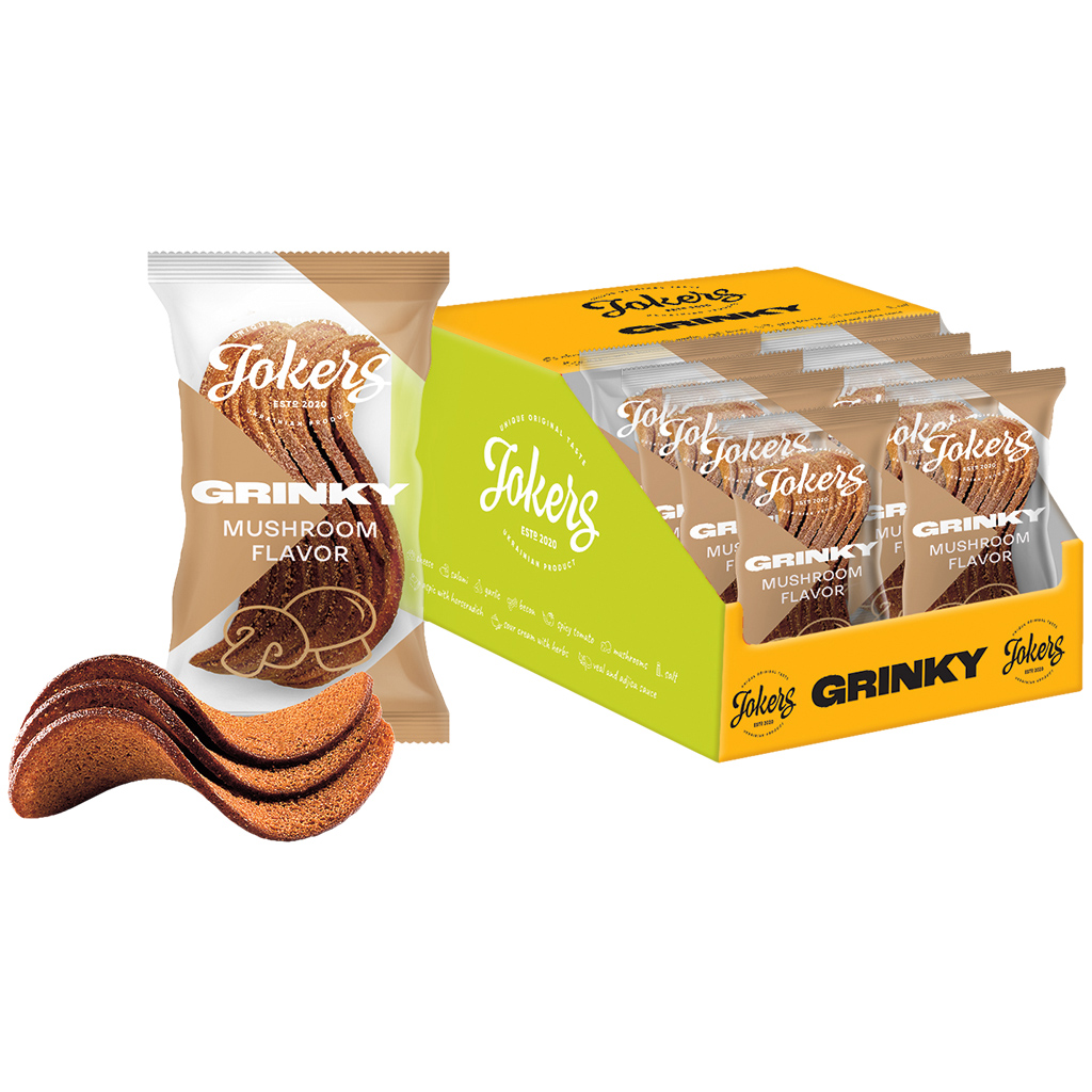 "GRINKY" Snack van roggebroodmix, met paddenstoelsmaak.
