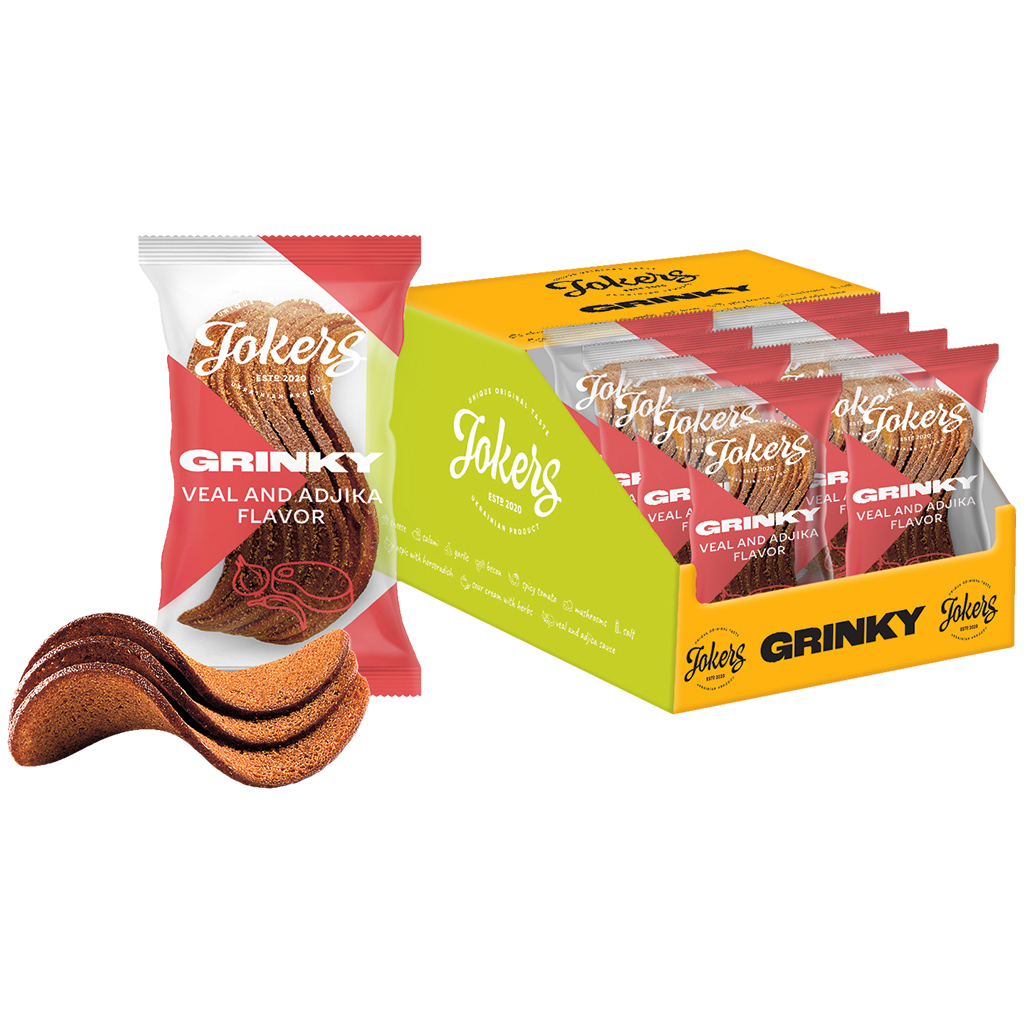 "GRINKY" Snack van roggebroodmix met kalfsvlees- en adschika-smaak, pittig